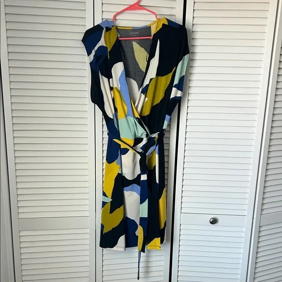 Nine West Abstract Wrap Dress - Navy, Yellow, White & Light Blue - Picture 1 of 1